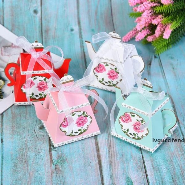 

new 10pcs 4color creative teapot shape sweet candy box with ribbon diy retro rose printed sugar box wedding party favor gift