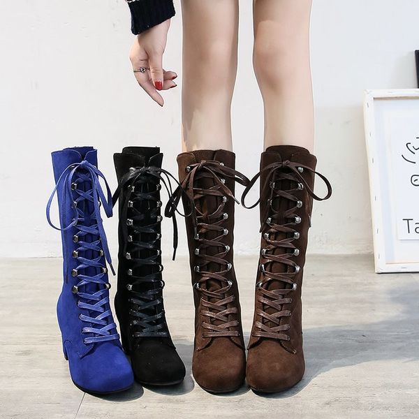 

2020 women nubuck 7cm heels winter mid boots shoes women's suede korean version thick heel riding motorcycle boots shoes 35-4, Black
