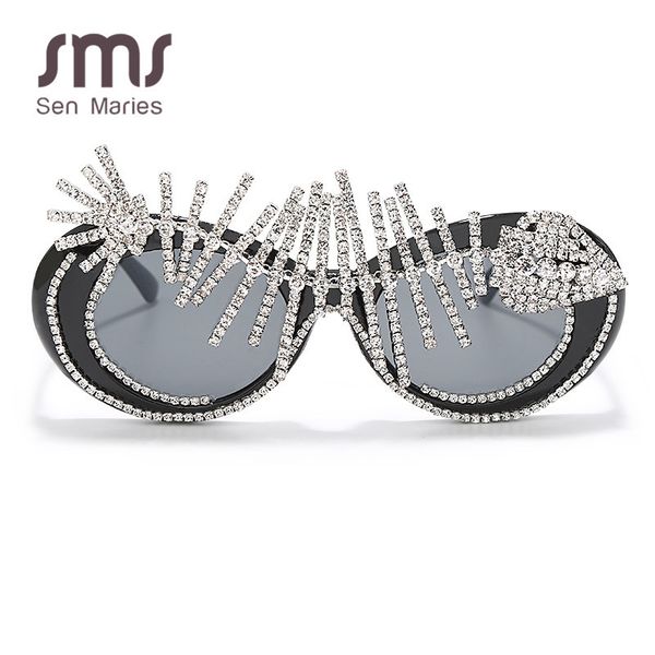 

new diamond sunglasses women vintage oculos oversize punk sunglasses crystal oval glasses espejos luxury designer women eyewear, White;black