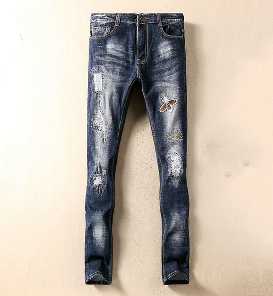 

2020 new men designer jeans ripped slim fit represen pants washed motocycle printing ripped jeans jogging pants, Blue