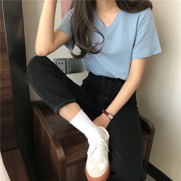 

women's t-shirt solid color v-neck womens pure cotton 2021 summer simple girls short sleeve loose-fit casual korean-style /40, White