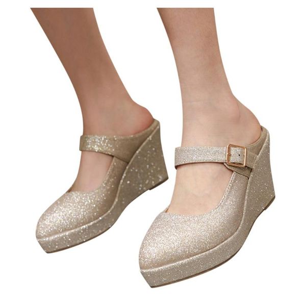 

women ladies sandals fashion solid color sequins bling shoes woman wedges sandal slipper plus size single wedges shoes cs02, Black