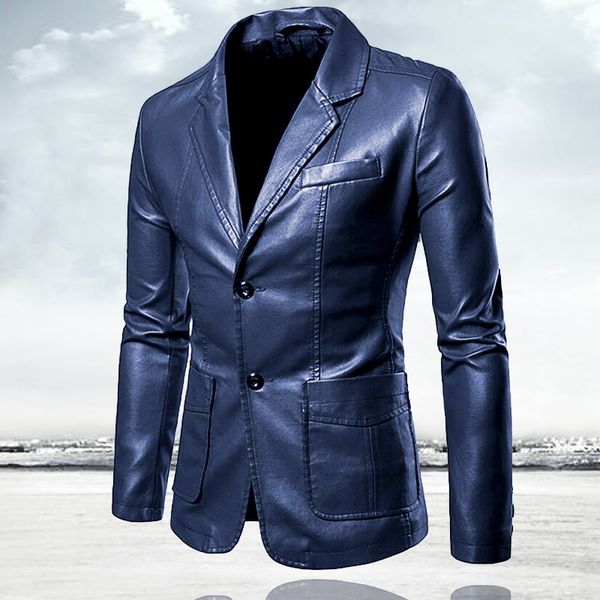 

single breasted leather jacket men slim faux leather coats outwear autumn winter mens pu jackets casual business clothing, Black