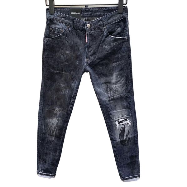 

starbags four season jeans men's letter leather logo hole paint dot hip hop slim blue elastic italian brand d2d2 new