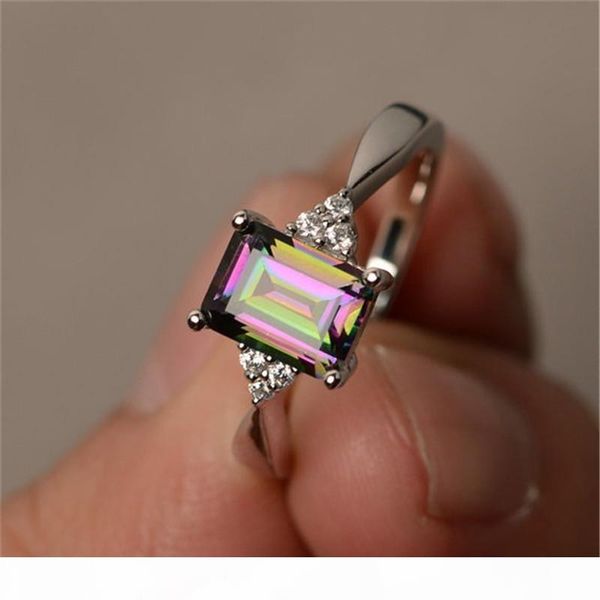 

exquisite women's 925 sterling silver ring princess cut mystic rainbow z engagement diamond jewelry christmas birthday gift ring, Golden;silver