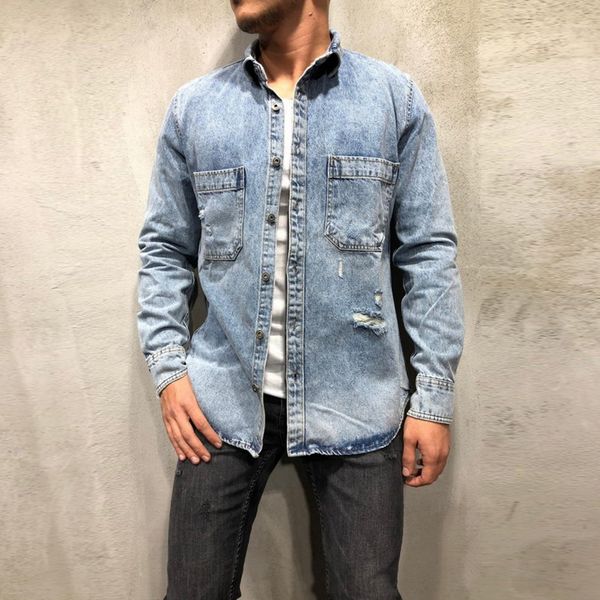 

мода ripped мужчина джинсовых рубашки сплошной прямых кармана камиз masculina мытого хип-хоп джинсы рубашка повседневной джинсовая сорочка h, White;black