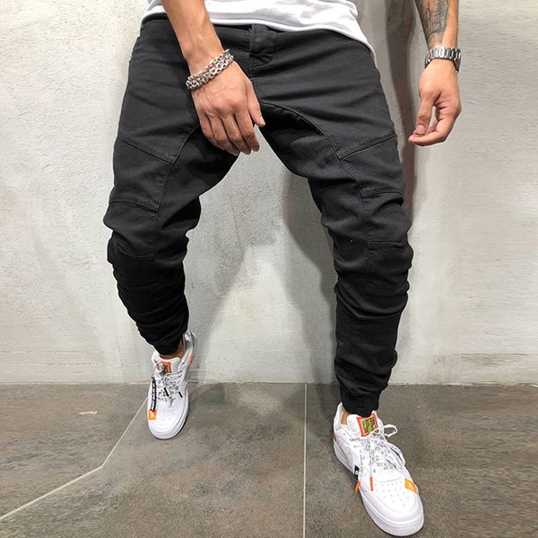 

2020 new solid cotton sweatpants men fitness room haulage motor multi-pocket joggers pants fashion long trousers male elastic, Black