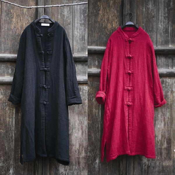 

autumn new artistic solid color and coat and cotton linen cotton linen long shirtwomen's coat, Tan;black