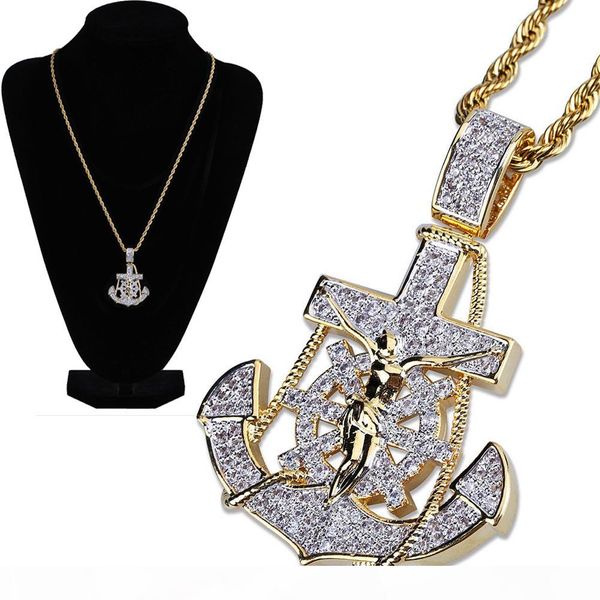 

new 18k gold plated iced out cublic zirconia vintage anchor pendant necklace twist chain 2 colors hip hop punkrock jewelry gifts for guys, Silver