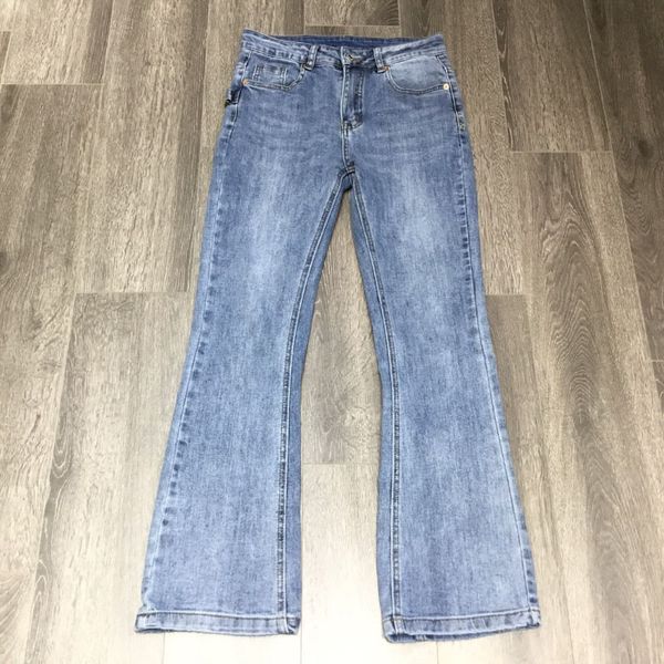 

washed blue denim jeans flared cuffs low waist woman new trousers 2020