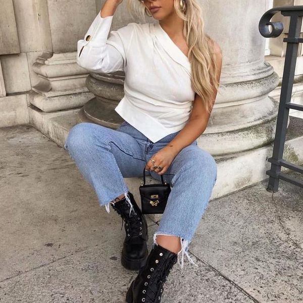 

women one shoulder white blouse irregularity long sleeve short style female 2020 casual shirts stylish blusas
