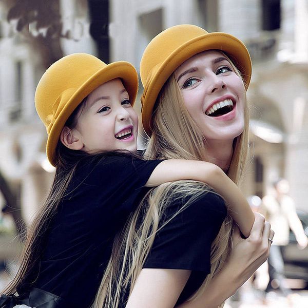 

retro parent-child women men / kid soild color wool fold brim bowler round hat billycock cloche cap (size:57cm/54cm, Blue;gray