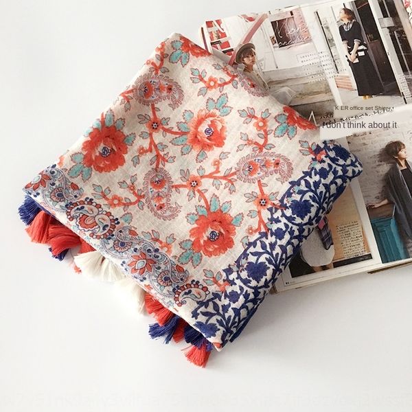 

scarf autumn women korean east gate tassel floral ethnic style cotton and linen travel sunshade scarf flowers ethnic flowers shawl, Blue;gray