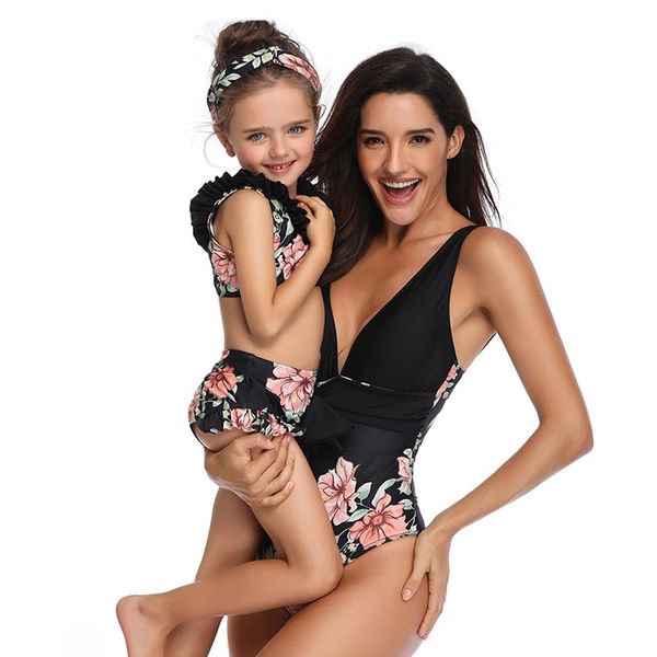 

family matching outfit mother and daughter swimwear children bathing suit women and girls one piece swimsuit clothes, Blue