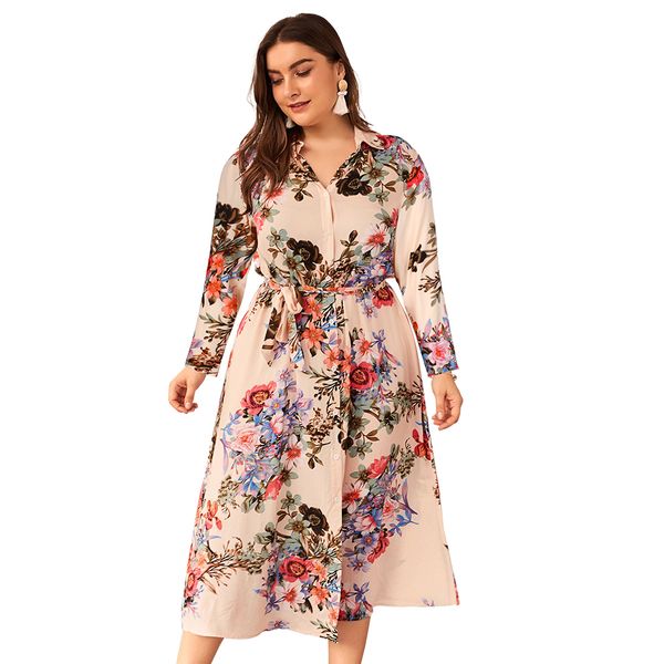 

plus size 4xl women bohemian dress turn down collar long sleeves floral belts shirt dress vestidos midi retro dress 2020 new