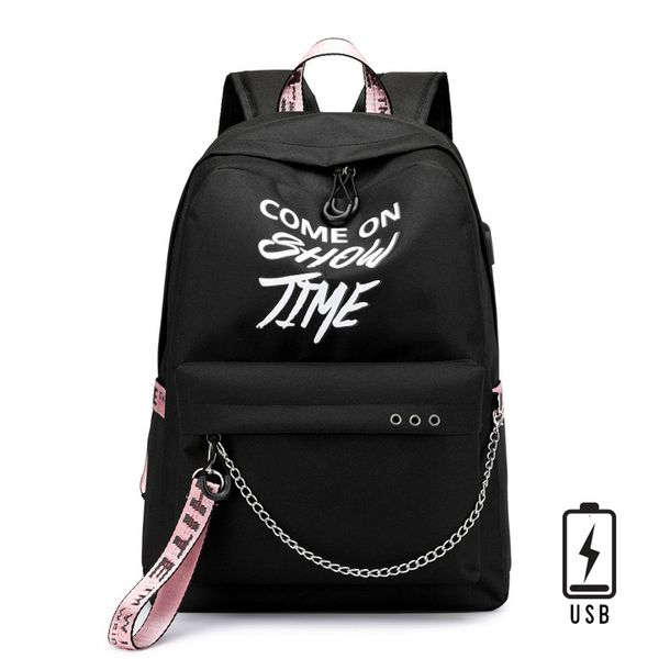 

fashion luminous print letter women school bags usb charge backpacks men laprucksack teenage girls travel shoulder backpack