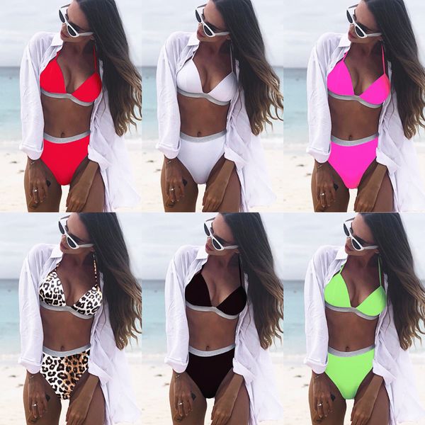 

bikini 2019 women new high waist solid color leopard bikini set beachwear bathing swimming suit female push up pad swimwear