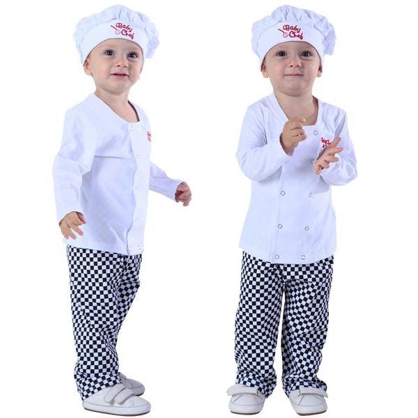 

clothing sets baby cook halloween cosplay toddler chef outfits carnival party kitchen uniform costume pants hat 3 pcs, White