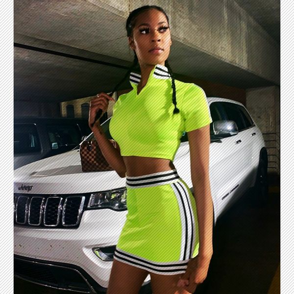 

j6074 2019 european and american womens spring and summer new good casual skirt set striped two-piece set, White