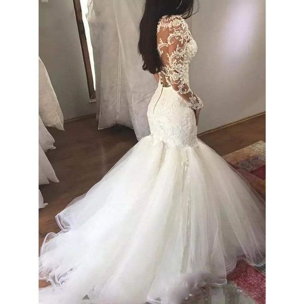 

appliques яркие свадебные платья сдержанные с длинными рукавами вышитые кружева на чистые encilsion русалка свадебные платья кнопка tulle tr, White