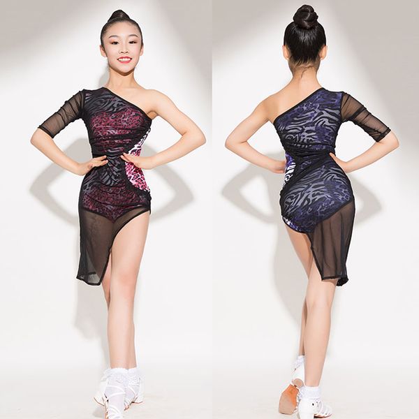 

2020 new children's latin dance dress ballroom samba salsa practice clothes mesh transparent leopard bodysuit dresses dl6170, Black;red