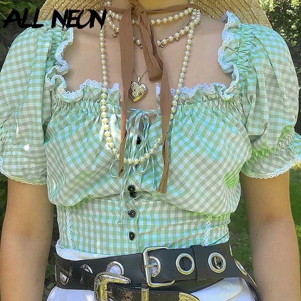 

allneon e-girl style off shoulder petal sleeve crop bandage single-breasted plaid t-shirts vintage ladies sweet green, White