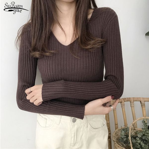 

2020 autumn and winter new fashion solid pullover sweater women v-neck knitted long sleeve slim warm women's sweaters 10308, White;black
