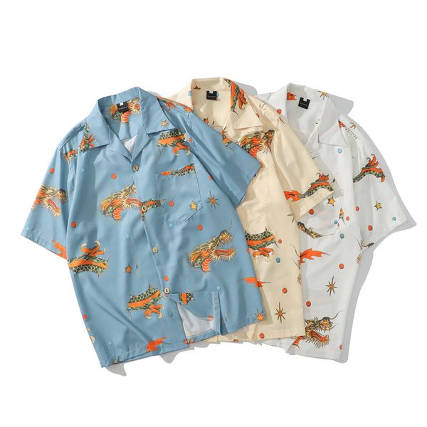 

mens china style vintage shirts summer new hawaiian short sleeve shirts casual dragon printed beach shirts male, White;black