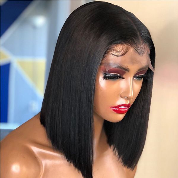 

4x4 short bob wigs lace closure wig human hair wigs straight preplucked hairline 200% density brazilian lace front wigs, Black