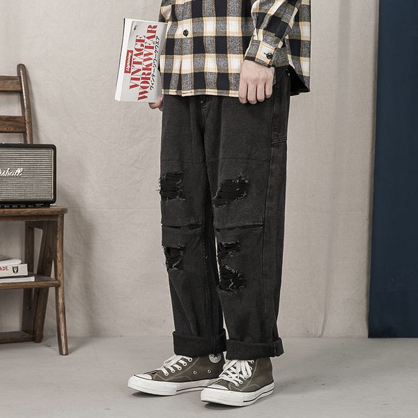 

ripped knee black jeans mens streetwear hip hop destroy baggy pants distressed patch denim trousers men, Blue