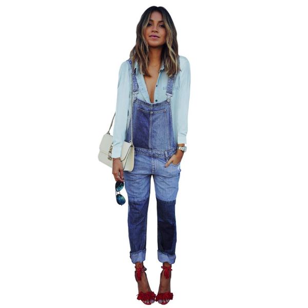 

fashion women denim jumpsuit ladies jeans casual wild loose color matching design straight denim female casual overall playsuit, Blue
