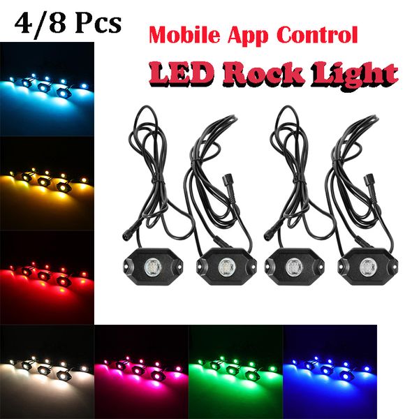 

4/8 pcs lm-rgb led rock light multicolor decorative atmosphere hub lamp bluetooth control for offroad truck utv wheel light
