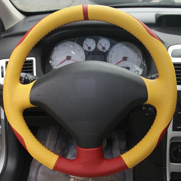 

red yellow leather hand-stitched car steering wheel cover for peugeot 307