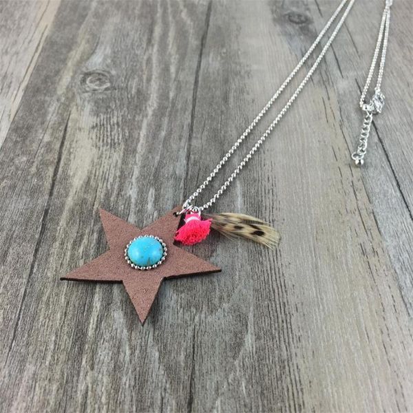 

silver color pendant chain tiny star boho feather bijou simple boho layering bola tie necklace