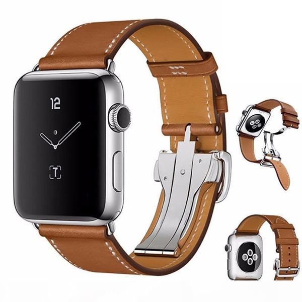 

upscale folding buckle fine real leather bracelet belt for apple watch band 38mm 40mm 42mm 44mm for iwatch series 1 2 3 4 5 strap, Black;brown