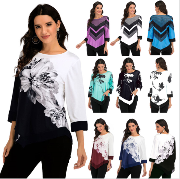 

9colors women spring autumn printing shirt o-neck blouse 3/4 sleeve casual hem irregularity female fashion shirts plus size