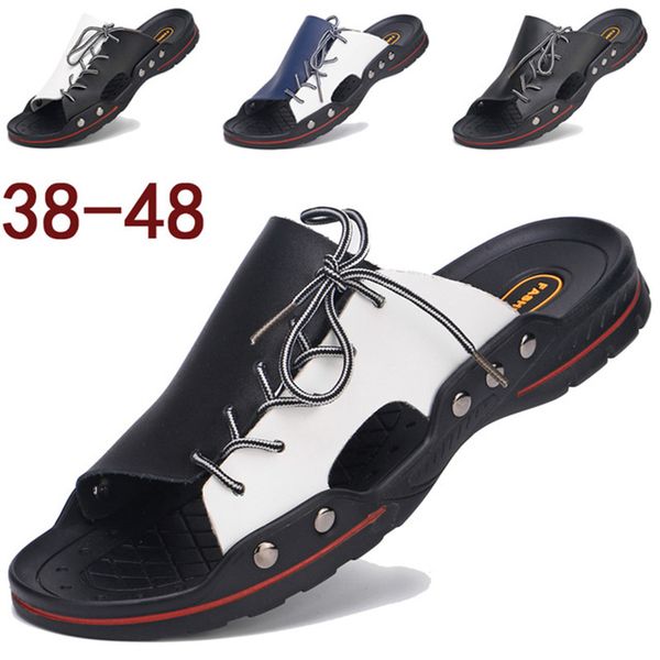 

2020 summer new men's slippers men's casual fashion leather beach sandals large size 48 chanclas hombre claquette pantuflas, Black