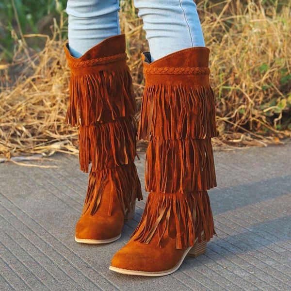 

2020 new classic autumn retro fringe boots high chunky heels boots women mid-calf western shoes woman botas mujer, Black