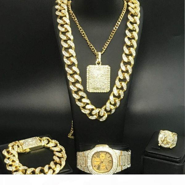 

men's watch hip hop men's gold necklace & bracelet & watch ring out cuban jewelry set, Silver