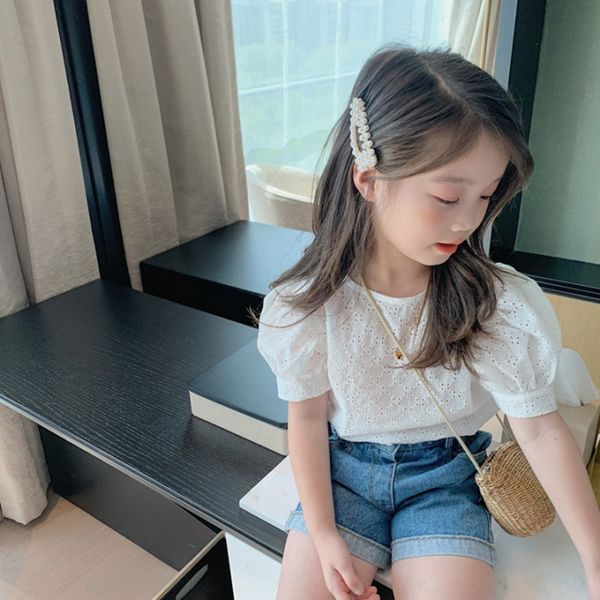 

girls t- 2020 t- white korean style summer clothes babies' hollow white shirt foreign bubble short sleeve thin shirt, White;black