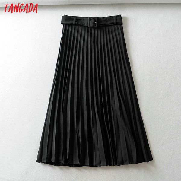 

tangada autumn winter women pleated midi skirt faldas mujer vintage with belt solid female casual chic mid calf skirts 6a269, Black