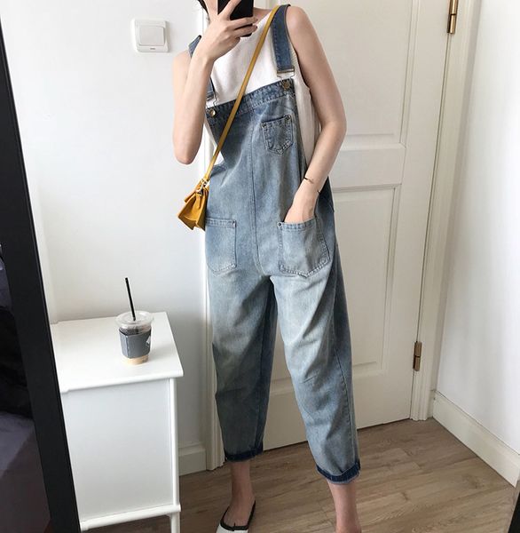

2020 лета женщин комбинезон джинсовый комбинезон свободный свободный джинсовая повседневный wide leg light blue high управление леди