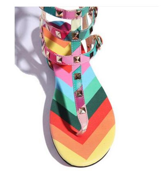 

size 34-42 rainbow color gladiator sandals women rivets flip flops t strap-sandals ankle belt roman shoes cs08, Black