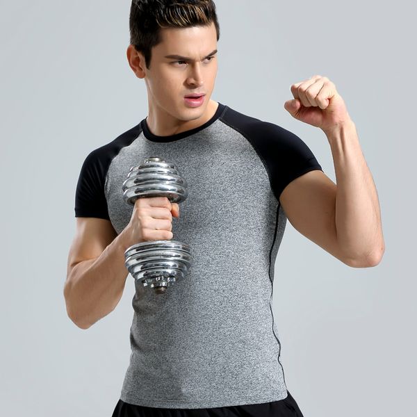 

men sportswear quick dry running shirt gym fitness shirt male tight elastic jogging short t sport big size logo custom, Black;blue