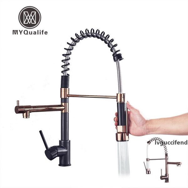 

black and gold kitchen mixer faucet deck mounted dual spout kitchen sink crane taps chrome finish handheld sprayer shower head t200424