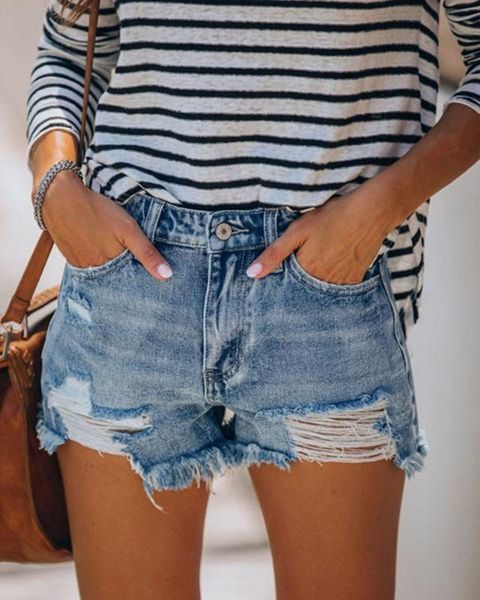 

2020 summer loose button ripped tassled jeans shorts pants women clothing, Blue