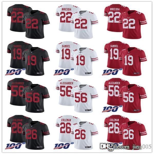 

mens womens youth san francisco 49ers 22 matt breida 56 kwon alexander 19 deebo samuel 26 tevin coleman customs football jerseys, Black;red