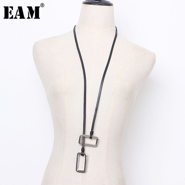 

chains [eam] 2021 spring summer temperament metal square split joint pu leather long women necklace fashion tide all-match ju238, Silver