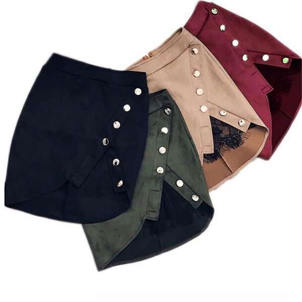 

new fashion women high waist pencil skirts button lace patchwork bodycon suede leather split party casual mini skirt, Black