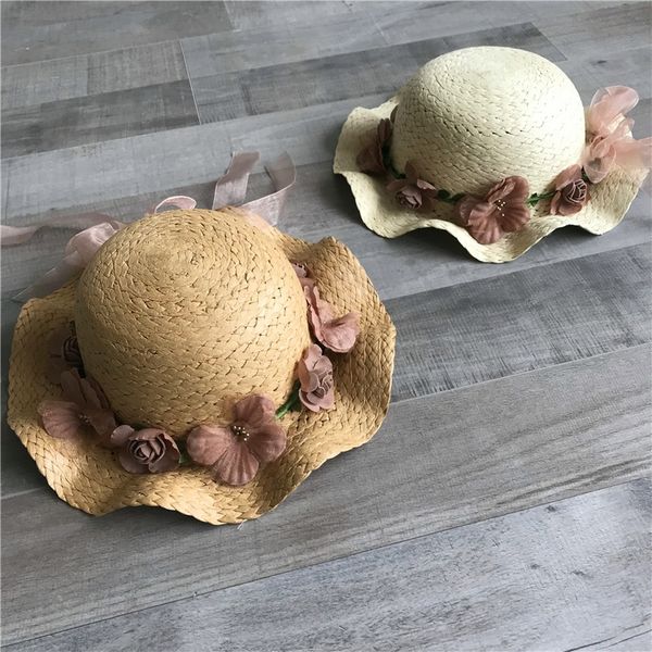 

u4hzr korean style summer children's and women's wavy big edge flower straw herbal straw parent-child sun-proof sun hat travel bea, Yellow